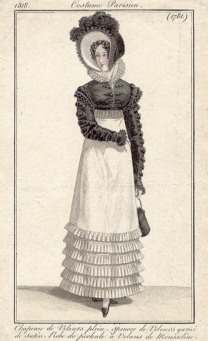 1818 Black Velvet Spencer and Satin Dress with lots of ruffles