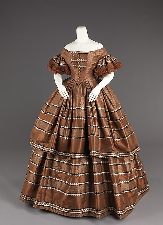 1858-59 Brown silk evening dress