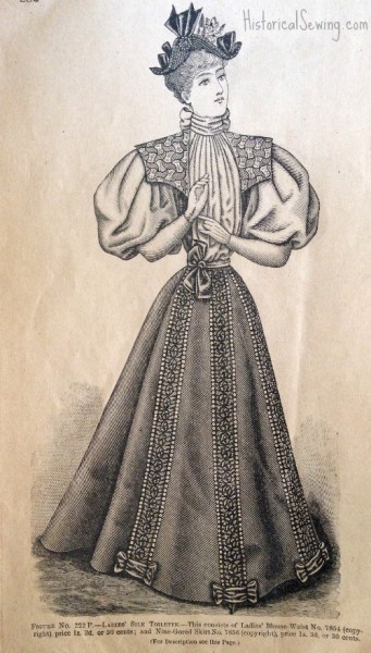 1895 Nine-gored skirt and blouse waist with huge leg o' mutton sleeves and plastron with collar