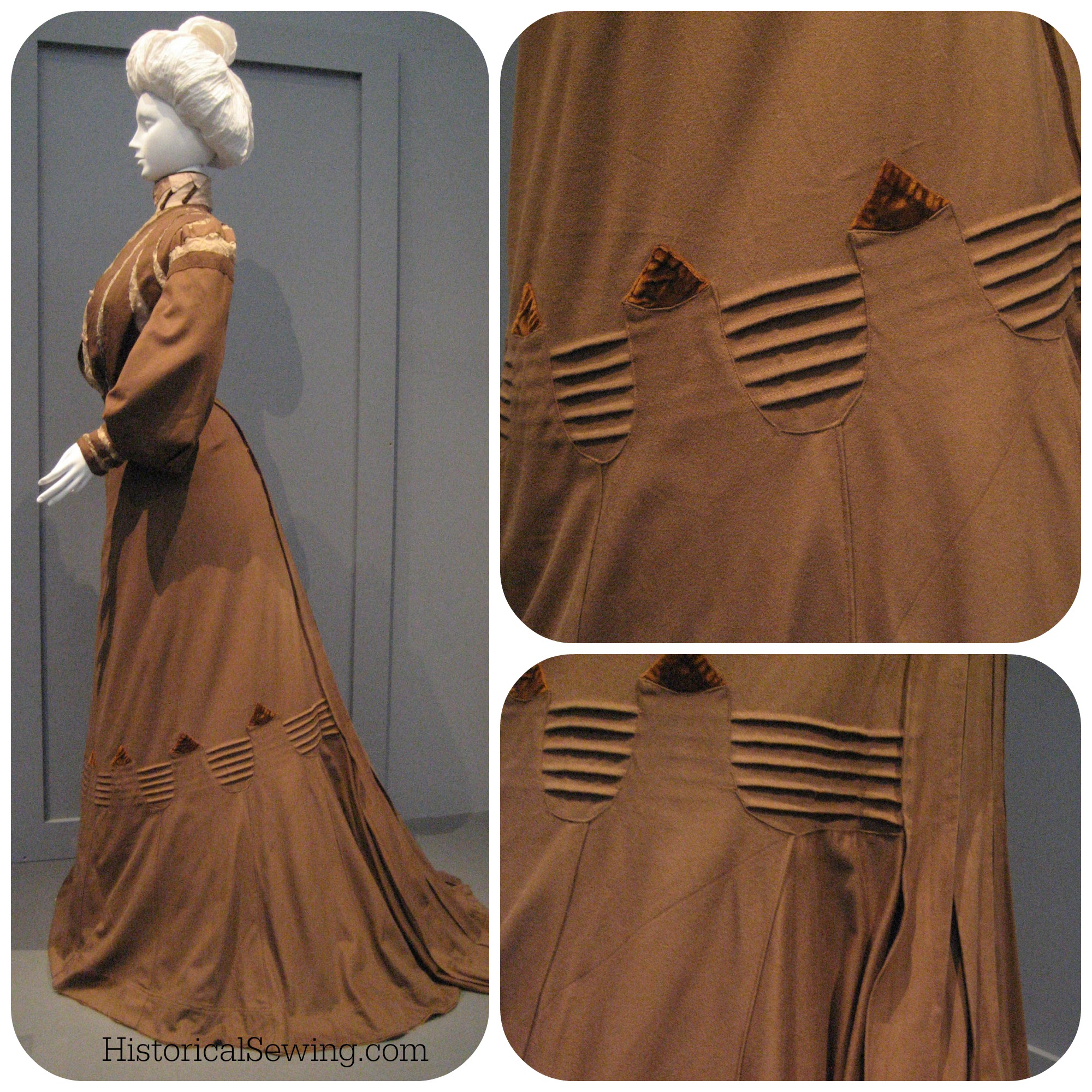 1900 Wool dress with tucks & tab trim